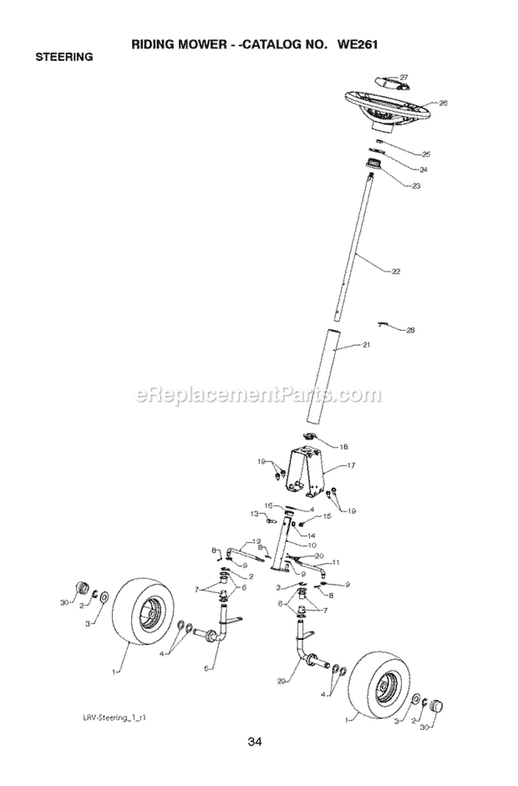 Steering Diagram and Parts List for WE261 2011-02 - 96022000801 Weed Eater Lawn Tractor